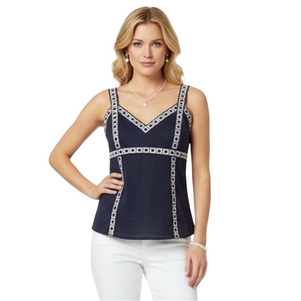 TORY BURCH Blue & White Sleeveless Embroidered Accent Tank Blouse Women’s Sz 4